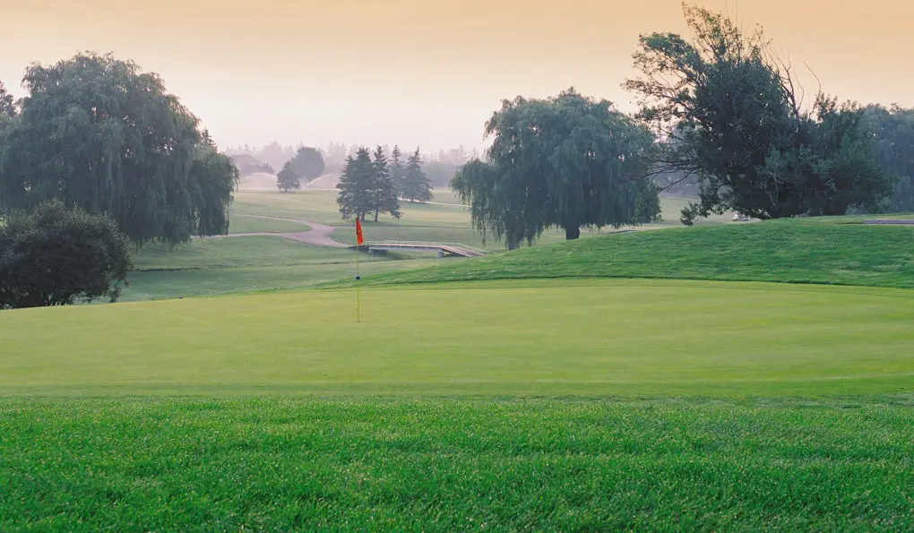 Vaste pelouse de terrain de golf avec un drapeau identifiant un trou à l'avant-plan et des arbres dispersés, des passages et un pont à l'arrière-plan.