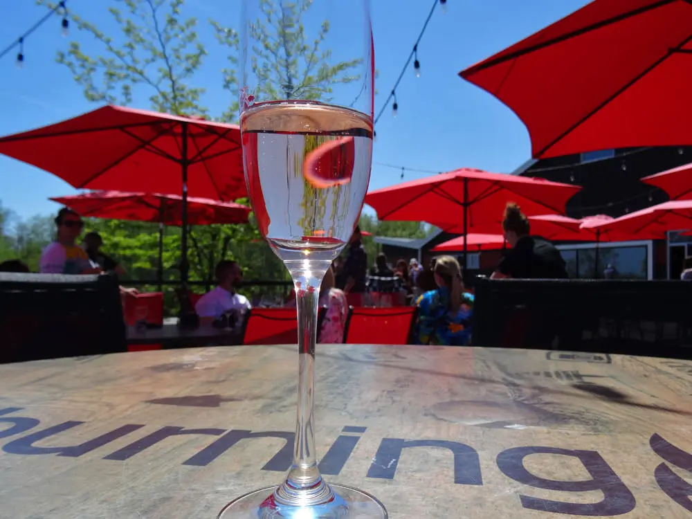 Una copa de vino colocada sobre una mesa en un patio