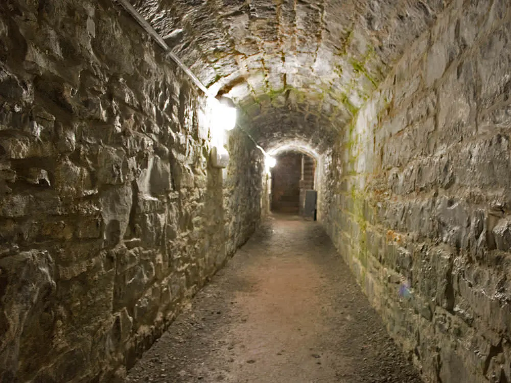 A dark, spooky path leads through an old stone tunnel