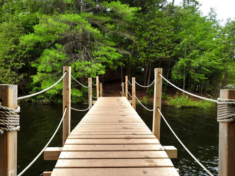 木製の橋が小川を渡ってハイキングコースを接続しています