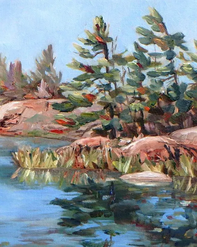 A water painting of trees beside a body of water