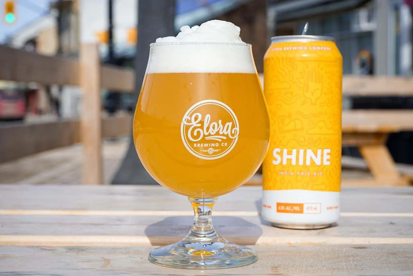 Un refrescante vaso de cerveza con espuma junto a una lata de cerveza en una mesa de picnic