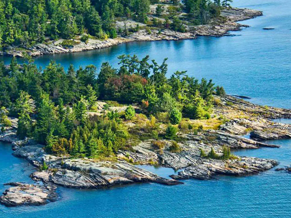 Rico bosque verde en las islas rocosas y la costa de la Bahía Georgiana.