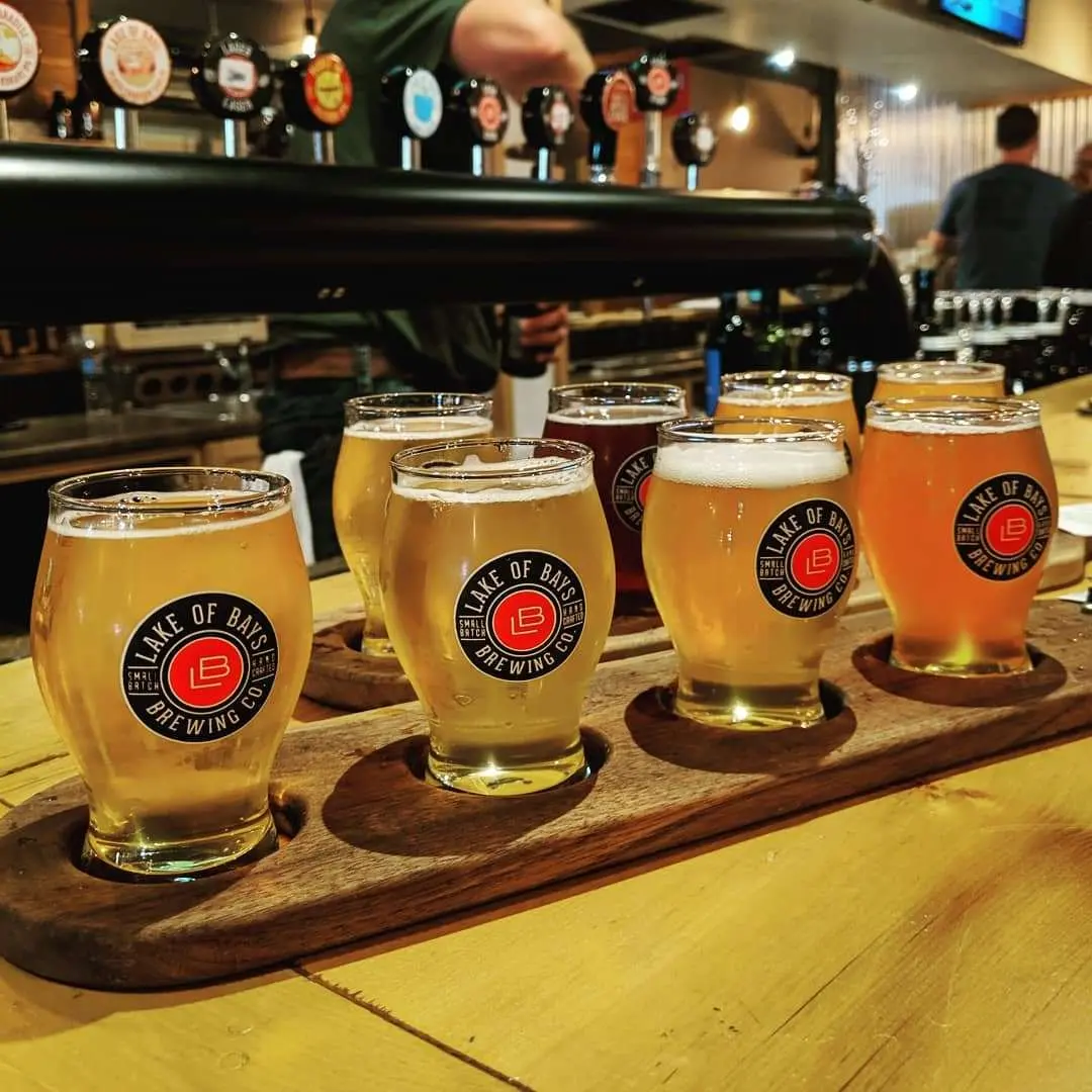 Two flights of beer resting on top of a bar counter with beer taps in the background
