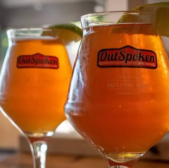 Two glasses of the same beer, topped with limes wedges.  One in foreground and the other in the background