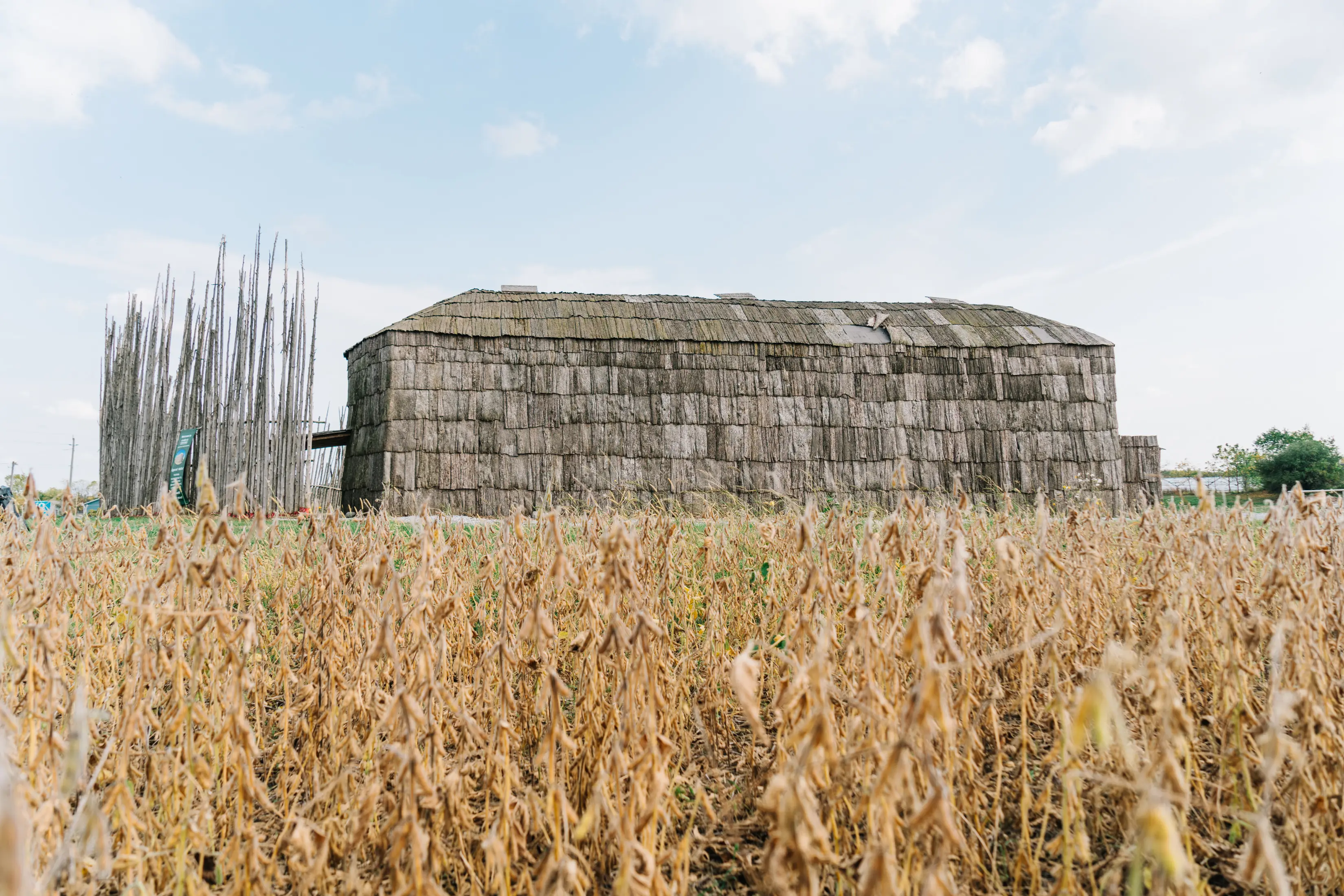 Seitenansicht des indigenen Langhauses gegenüber dem Feld