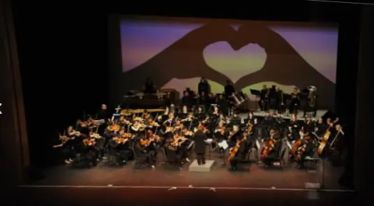 Luftaufnahme eines Dirigenten und einer Symphonie auf der Bühne