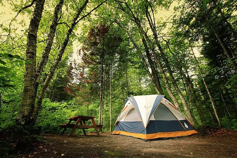 Ein Zelt und ein Picknicktisch auf einem Campingplatz