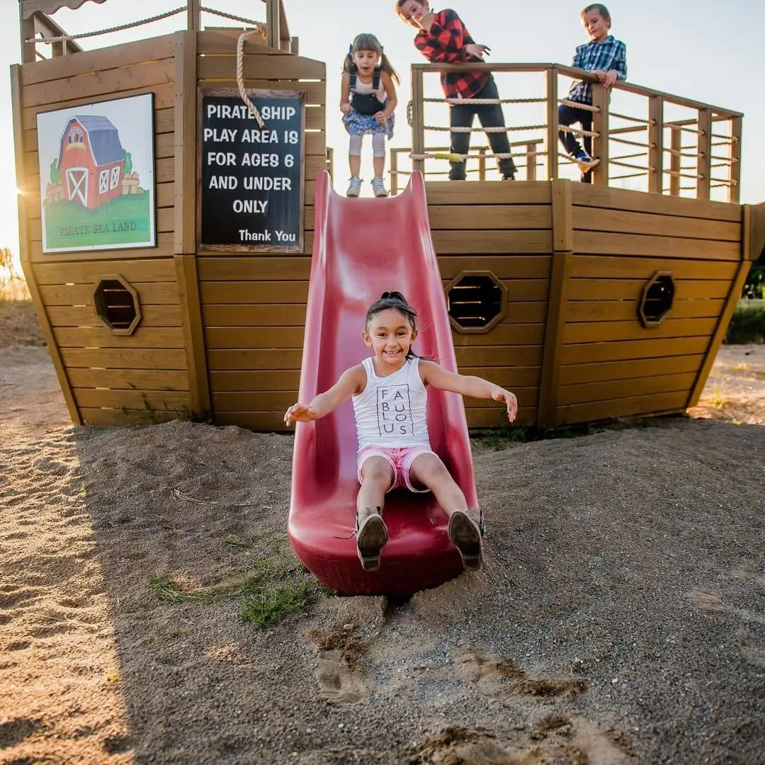 해적선 놀이터에서 놀고 있는 아이들 무리, 그리고 소녀가 미끄럼틀을 타고 내려오는 모습
