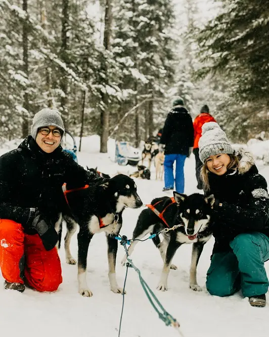 A man and a woman are both smiling and posing with two husky dogs.