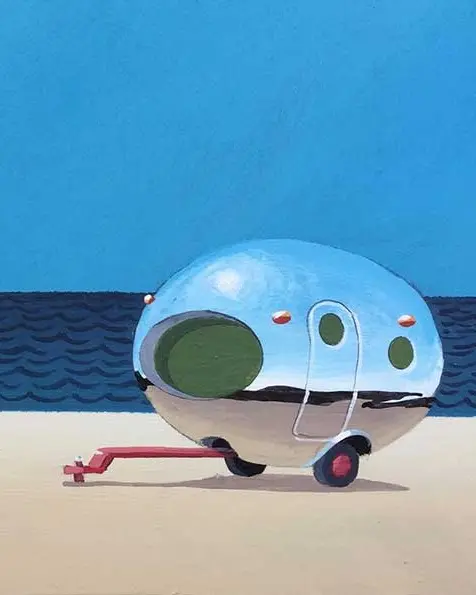 ビーチでトレーラーをフィーチャーした水彩画