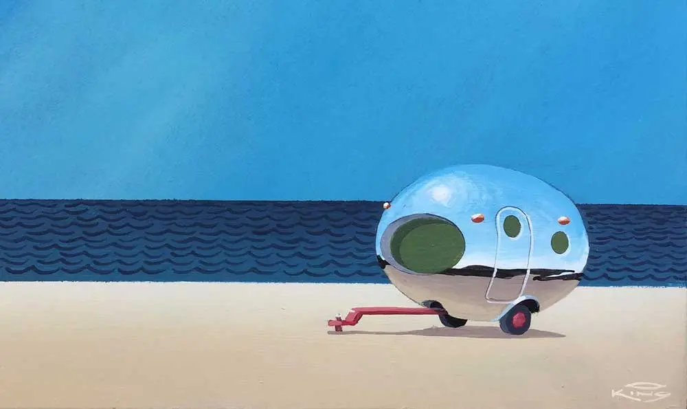 Aquarelle illustrant une roulotte sur une plage.