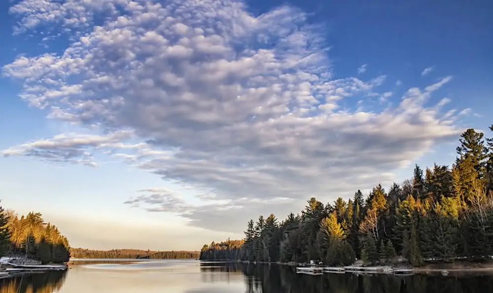푸른 하늘 아래 햇살이 비치는 숲으로 둘러싸인 고요한 호수와 부드러운