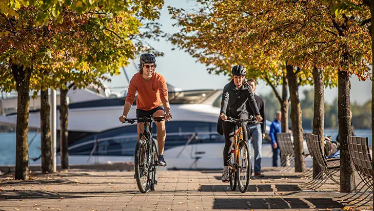 秋に色づいた木々のそばを自転車で走る二人と、背景に停泊しているボート