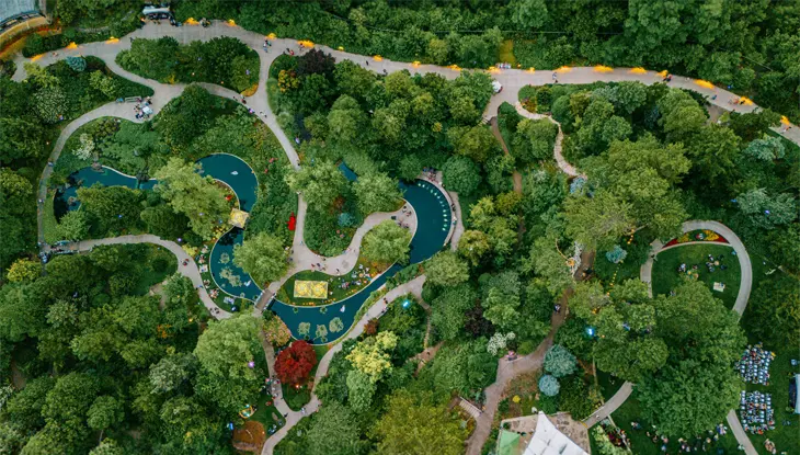Aerial view of lush greenery, winding paths, and reflecting pools at the Rock Garden, Royal Botanical Gardens in Hamilton.