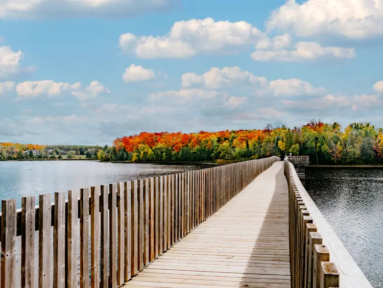 Strandpromenade in Orangeville, Ontario, die sich über den Island Lake in Richtung baumbedecktes Land erstreckt, mit leuchtenden Herbstfarben unter blauem, bewölktem Himmel.