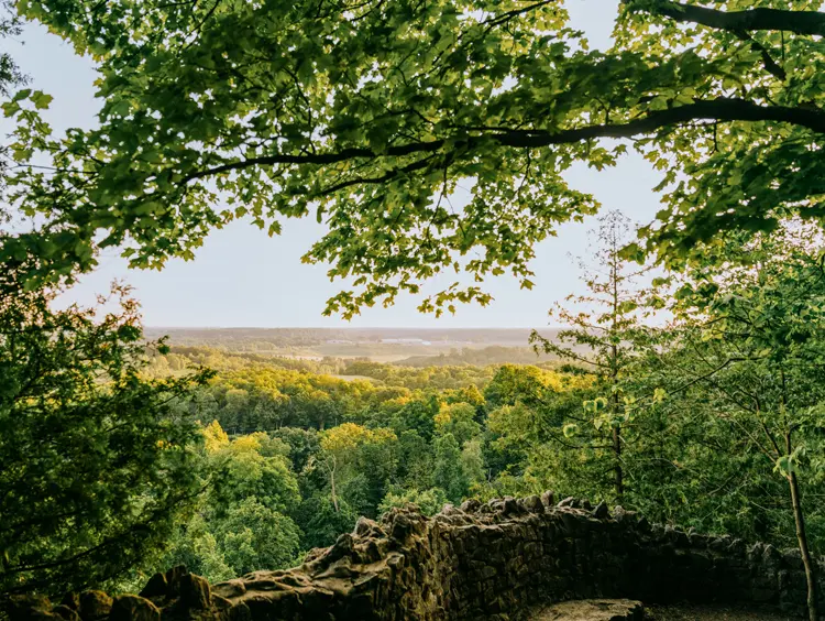 Ein malerischer Aussichtspunkt aus Stein, umgeben von Bäumen in Halton Hills, mit Blick auf das bewaldete Tal darunter.