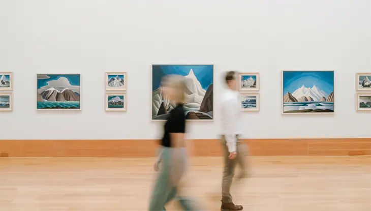 象徴的な山の風景画が展示されているオンタリオ美術館を、訪問者があっという間に通り過ぎていきます。