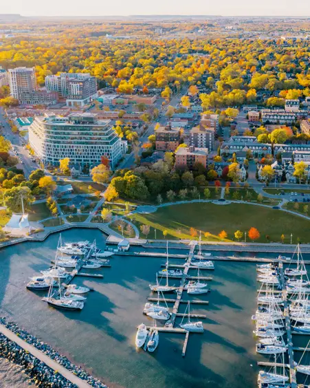 Vista aérea del Bill Hill Promenade Park y el puerto deportivo de Oakville, con veleros atracados y árboles caídos a lo lejos entre edificios altos y de mediana altura.