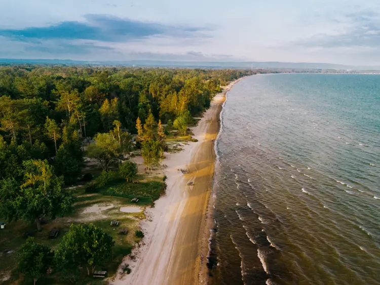 Vista aérea de Wasaga Beach con una amplia costa de arena, un parque boscoso que bordea la playa y suaves olas bajo un cielo nocturno pastel.