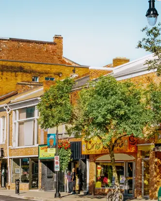 St. Catharines Farbenfrohe historische Ladenfronten in der Innenstadt von St. Catharines an einem sonnigen Sommertag, mit Bäumen und Blumenbeeten entlang des Bürgersteigs.
