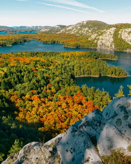 Vista panorámica del Parque Provincial Killarney en Ontario, con un brillante follaje otoñal que rodea múltiples lagos y crestas de cuarcita blanca.