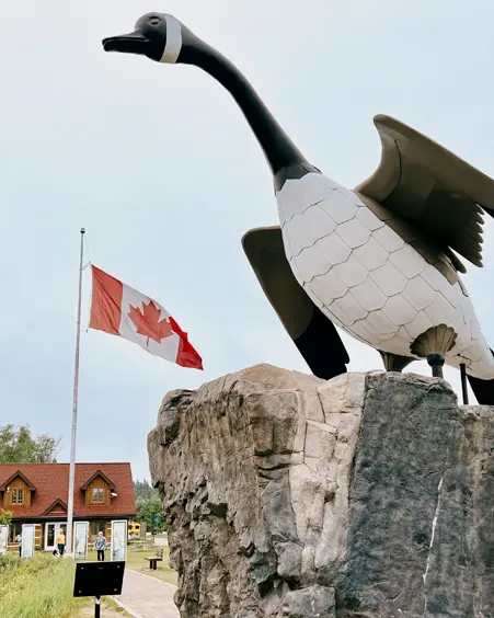 Gran monumento blanco y negro de un ganso Wawa con las alas extendidas, situado sobre una roca alta, con una bandera canadiense y un edificio al fondo.