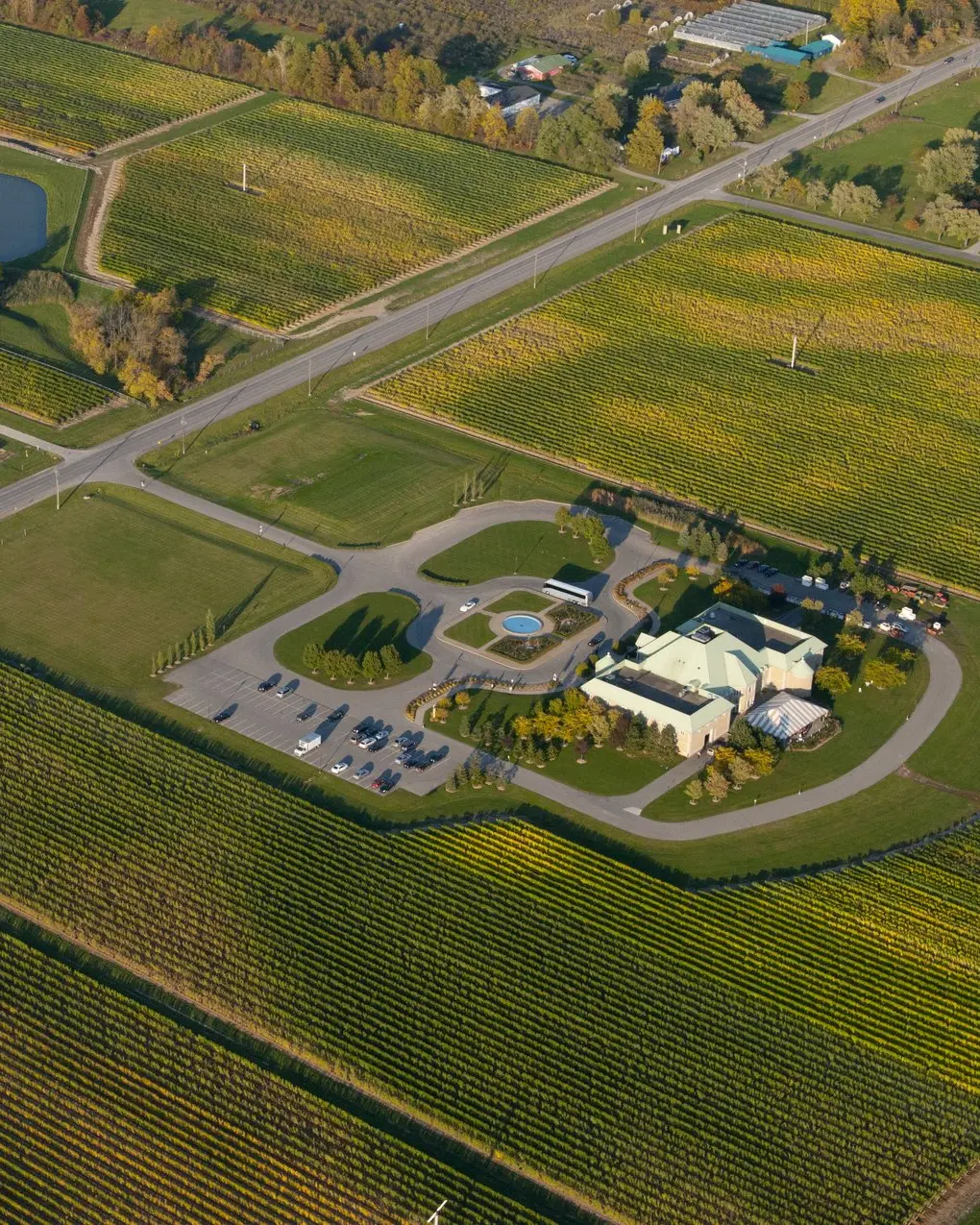 Aerial images of the Chateau des Charmes winery and vineyard in Niagara-on-the-lake.