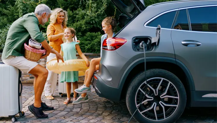 Famille avec de jeunes enfants chargeant des bouées de piscine et des bagages dans leur voiture électrique pendant sa recharge.