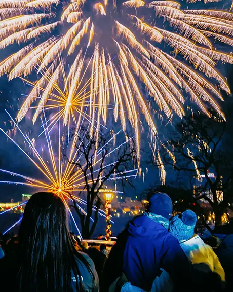 A group of people look up towards the brightly coloured fireworks display in the dark skies above the Niagara Falls.