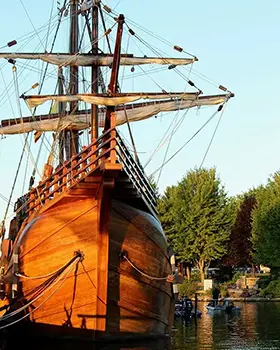A large ship in a harbour.