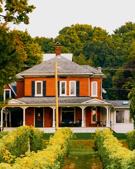 Grande ferme historique entourée de vignobles et de verdure.