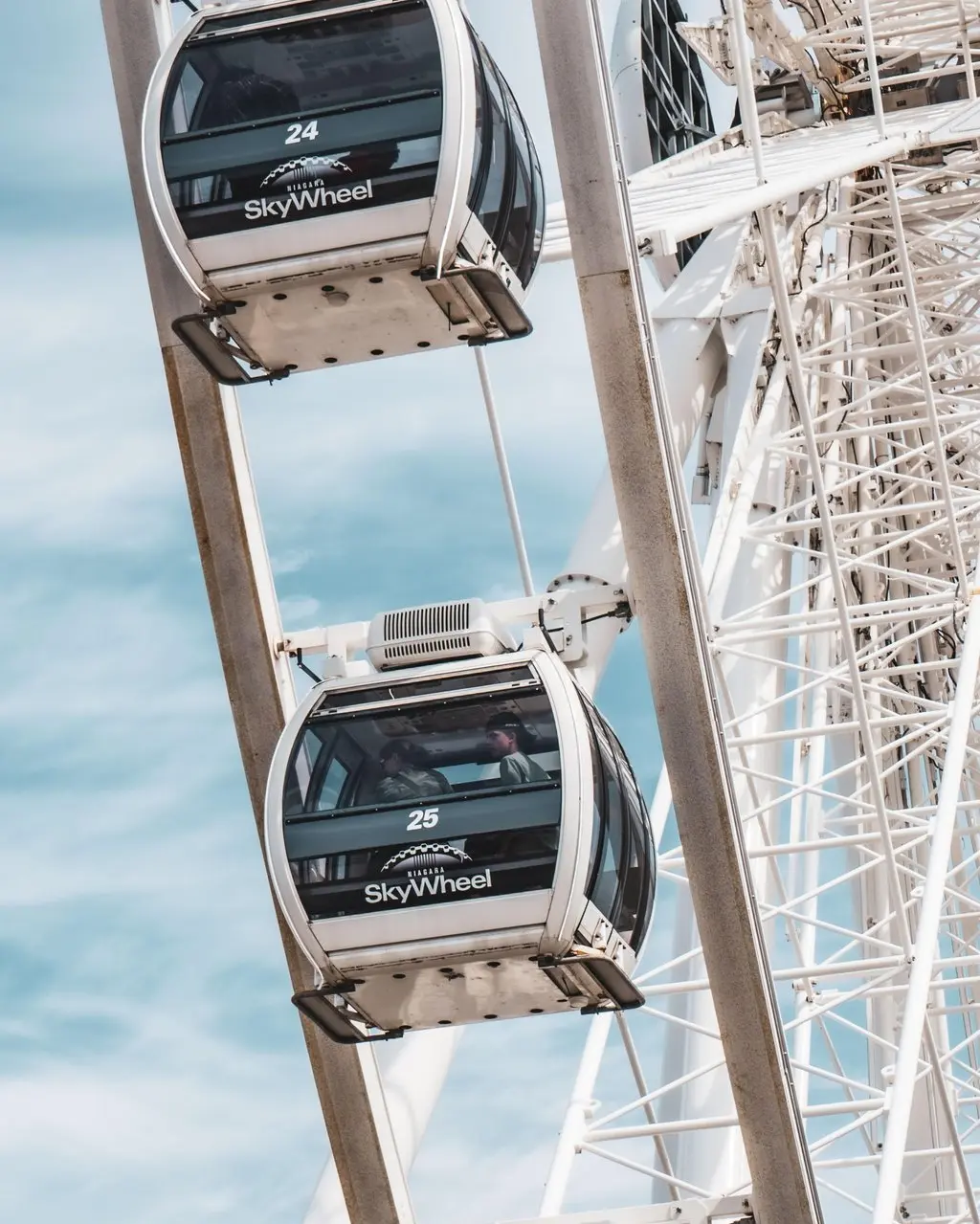 Grande roue blanche géante tournant lentement tandis que deux personnes dans une cabine admirent le paysage.