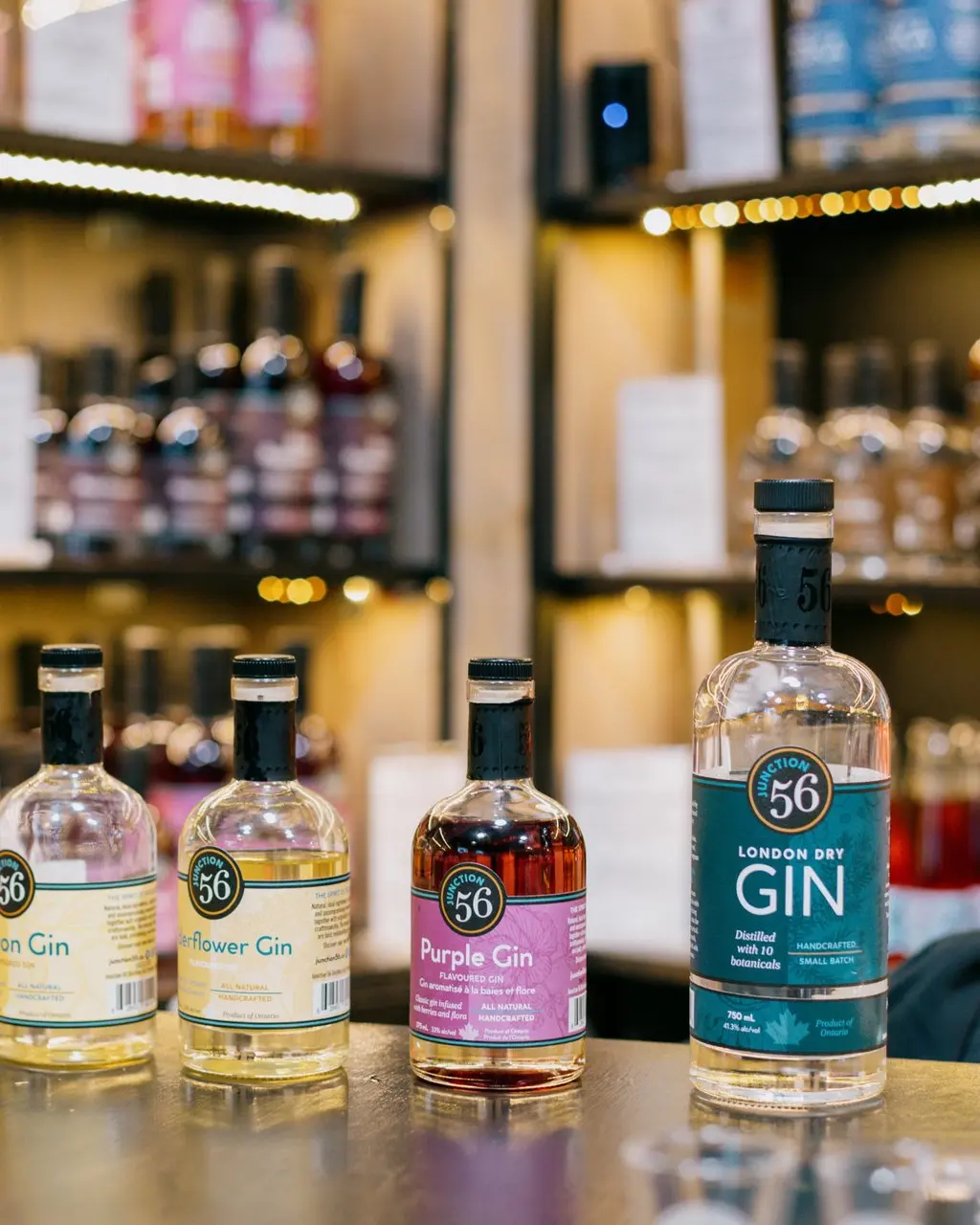 A display of products at Junction 56 Distillery in Stratford, Ontario.