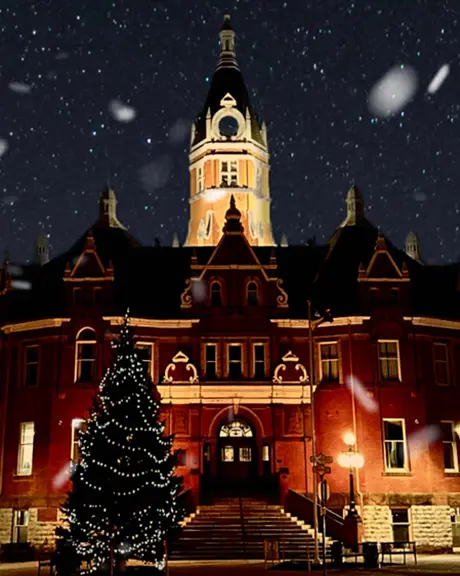 Das Rathausgebäude in Stratford, Ontario, ist im Winter beleuchtet.
