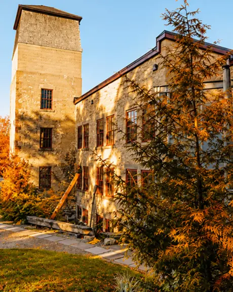 Bâtiments en pierre d’un moulin historique, entourés d’arbres aux couleurs d’automne et d’un parterre aménagé.
