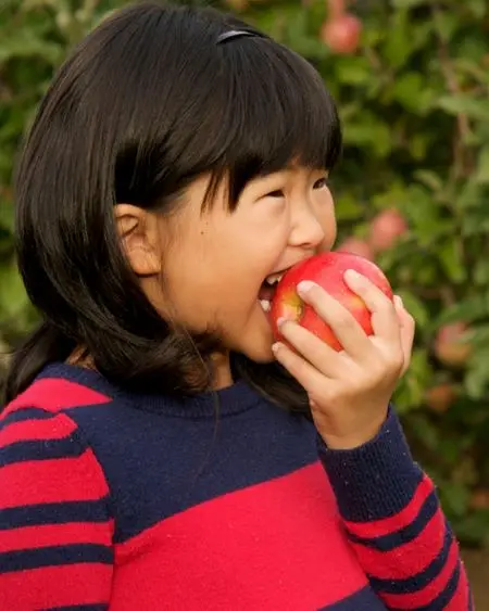 Une jeune fille mord dans une pomme juteuse