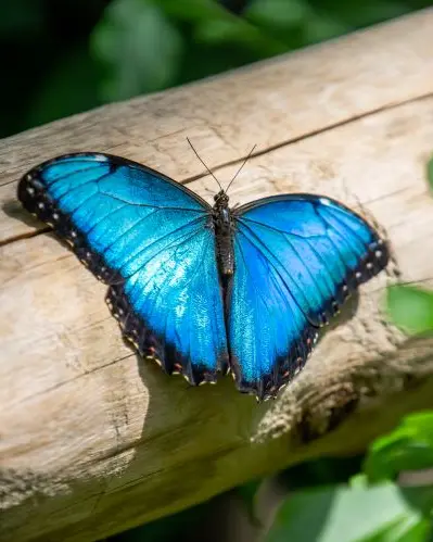 Un papillon de couleur bleu vif se repose sur un rondin de bois.