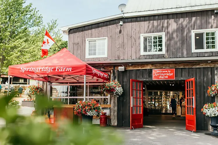Les portes rouges s'ouvrent sur le magasin de la grange de Springridge Farm.