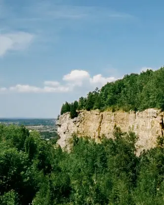 Scenic view of rugged limestone cliffs and dense green forest at Kelso Conservation Area, with blue sky and distant horizon on a clear summer day.
