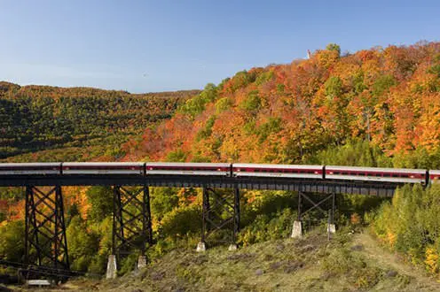 Der Agawa Canyon Train überquert eine Brücke durch einen Wald mit wechselnden Blättern