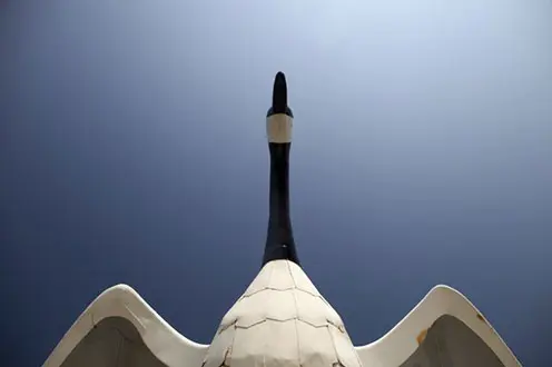 From underneath the Wawa goose sculpture as it appears to soar through the sky