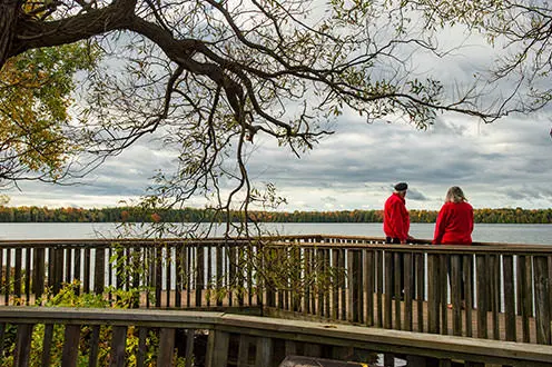 Ein Paar steht auf einem Holzsteg unter einem Baum und blickt auf den See. Die Bäume am Ufer in der Ferne leuchten in einer Mischung aus Grün und Gelb.