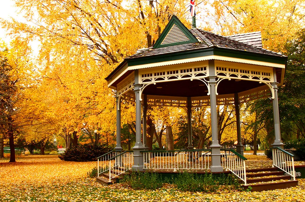 8-seitiger Pavillon mit Säulen und Stufen mit Geländer, gekrönt von einem schrägen Dach in einem Park mit goldenen Blättern an Bäumen und Gras.