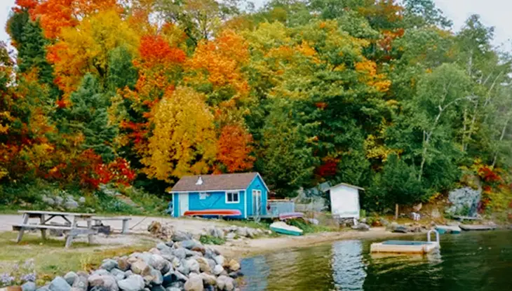 Una cabaña azul en Silver Springs Cottage Inc. ubicada junto a una playa junto al lago, rodeada de vibrantes árboles otoñales y aguas tranquilas.