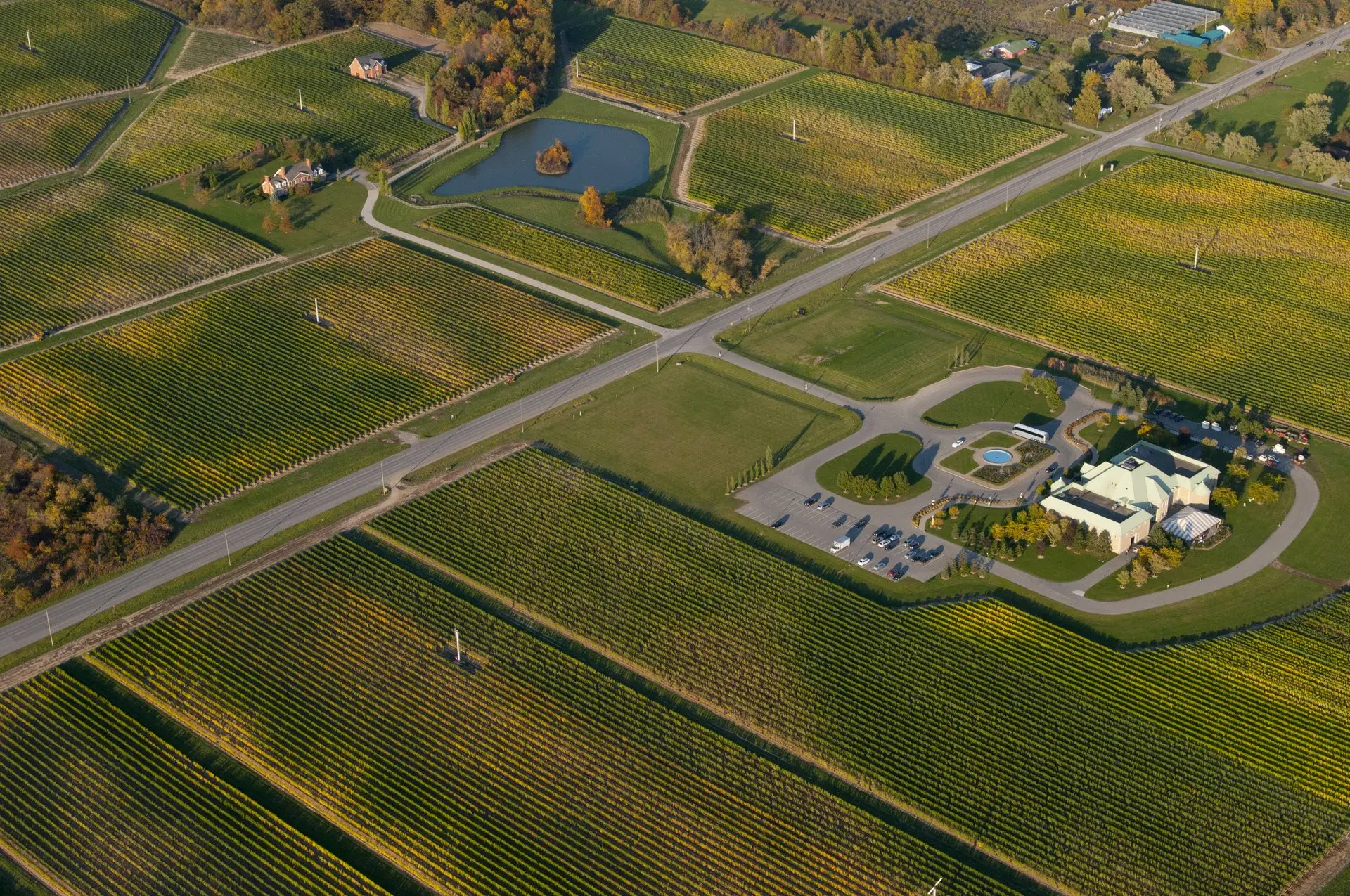 ナイアガラ・オン・ザ・レイクにあるシャトー・デ・シャルムのワイナリーとブドウ園の航空写真。