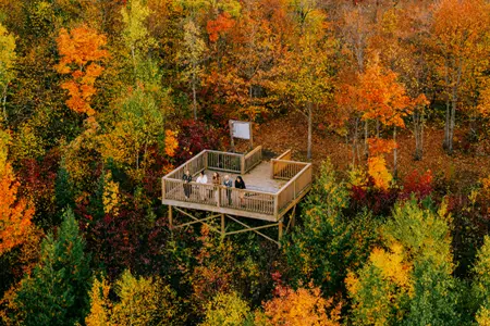 Elevated lookout platform surrounded by vibrant fall colours on the Bebamikawe Trail on Manitoulin Island.