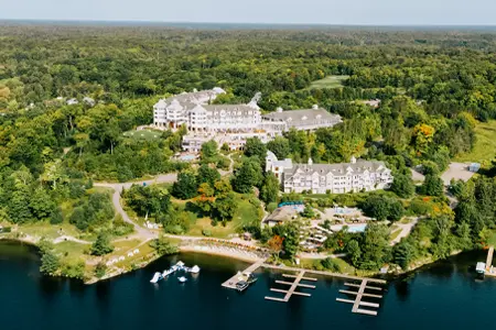 JW Marriott resort on Lake Rosseau surrounded by forest in Muskoka.