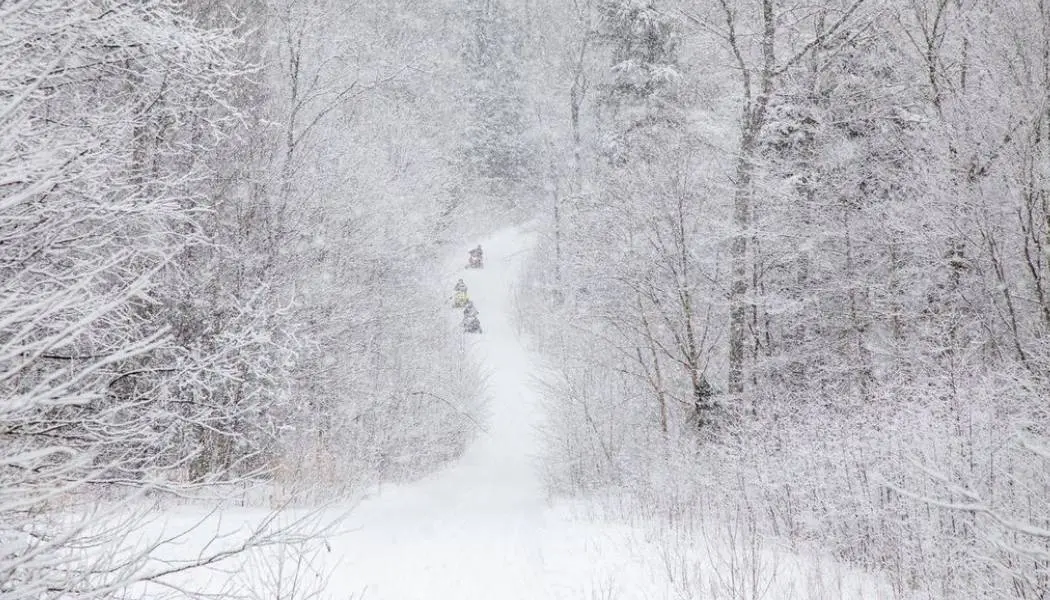 Snowmobilers riding up a trail in heavy falling snow.