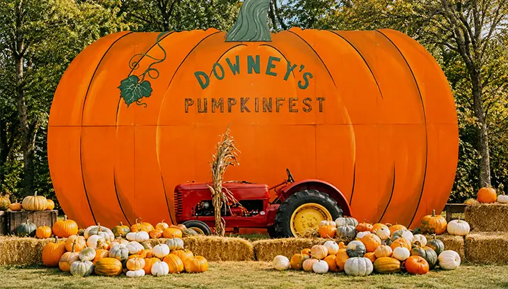 A large pumpkin-shaped display with a vintage red tractor, surrounded by pumpkins and gourds, with trees in the background.